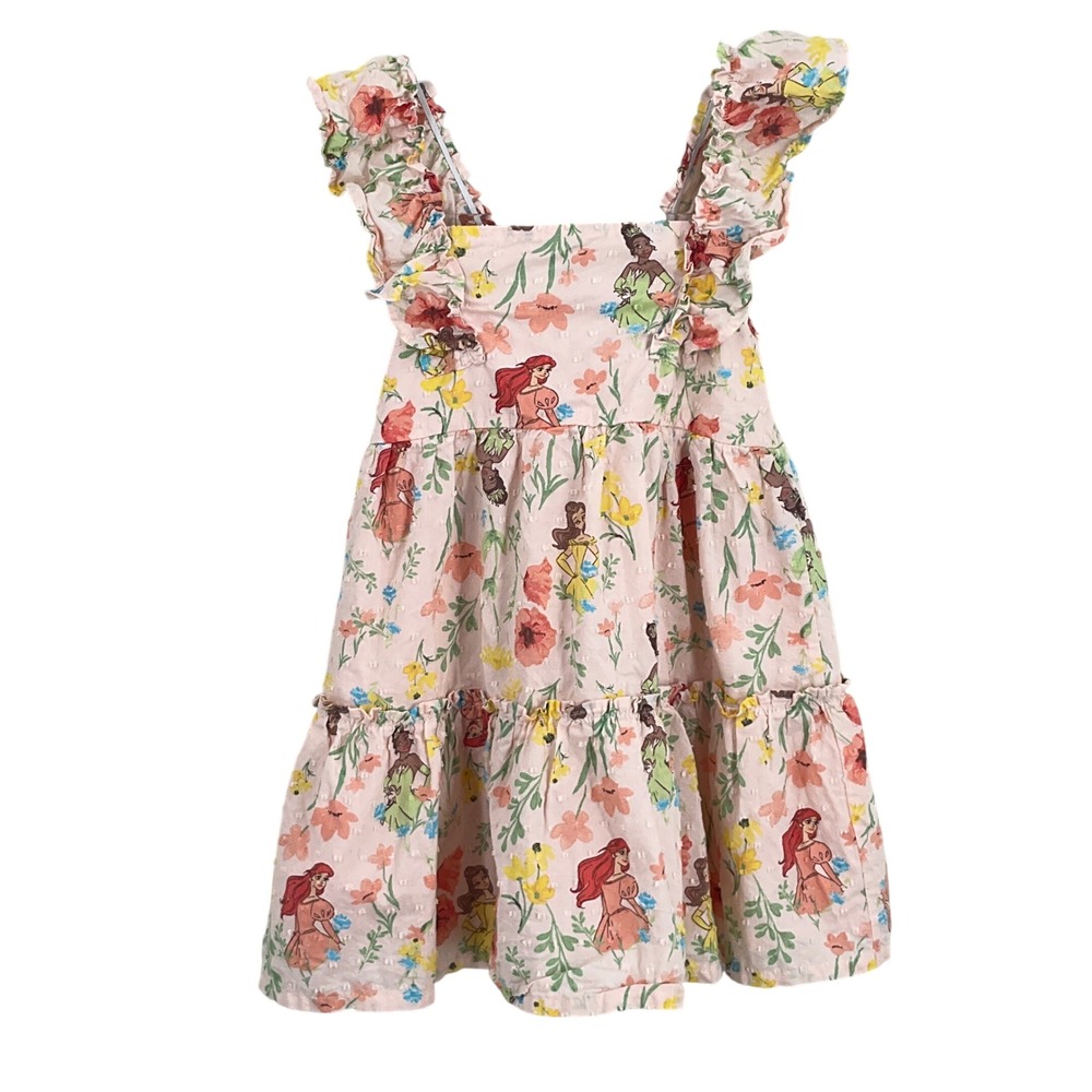 Disney Princess Dress Kids 4T Pink Cotton Floral Ariel Belle Tiana Ruffle Tiered